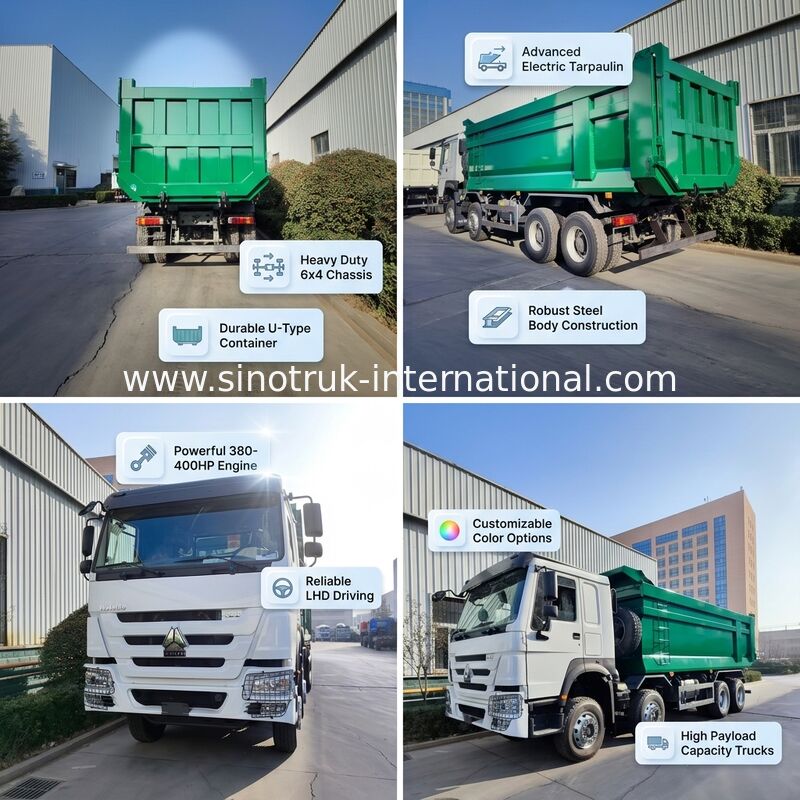Camión volquete basculante de alta resistencia de 400 CV con capacidad de carga de caja en U de 26 metros cúbicos